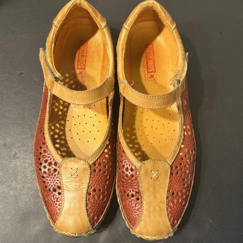 PIKOLINOS Sandia Mary Jane Red Tan Size 39 Leather Flats Women's Shoes In Box